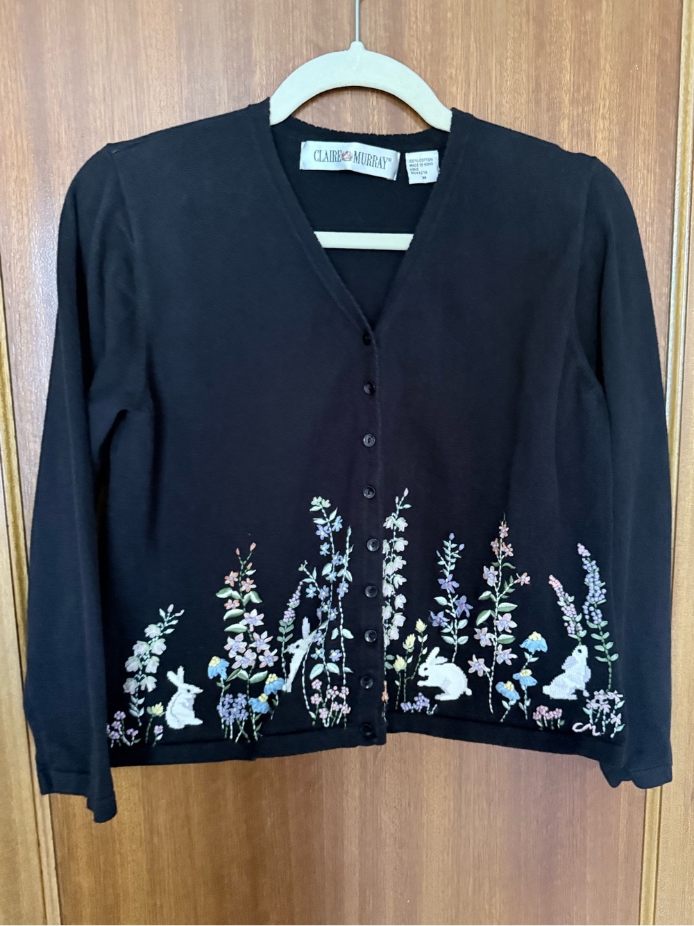 VTG Claire Murray Black Cardigan Bunny & Floral Embroidery M 100% Cotton